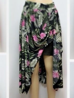 Tropical Floral High-Low Skirt in Black and Pink